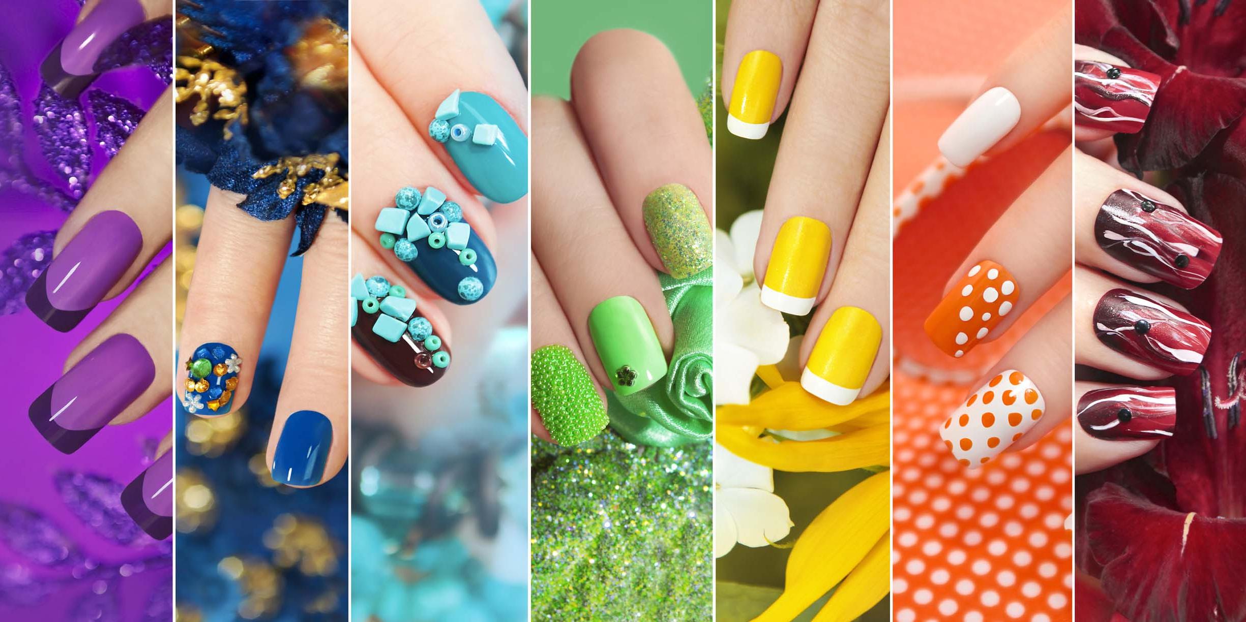 Three images of manicured nails in yellow, green and blue