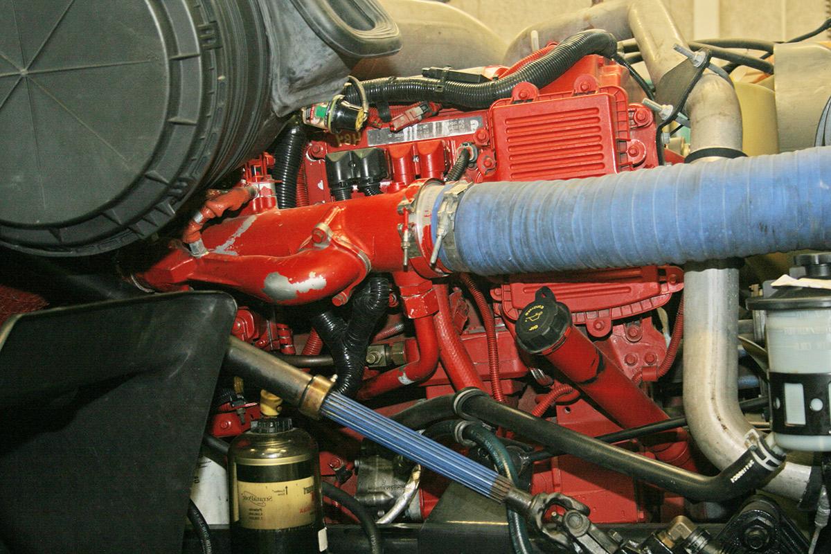 close up view of diesel engine in one of the practice vehicles in the diesel technology certificate program