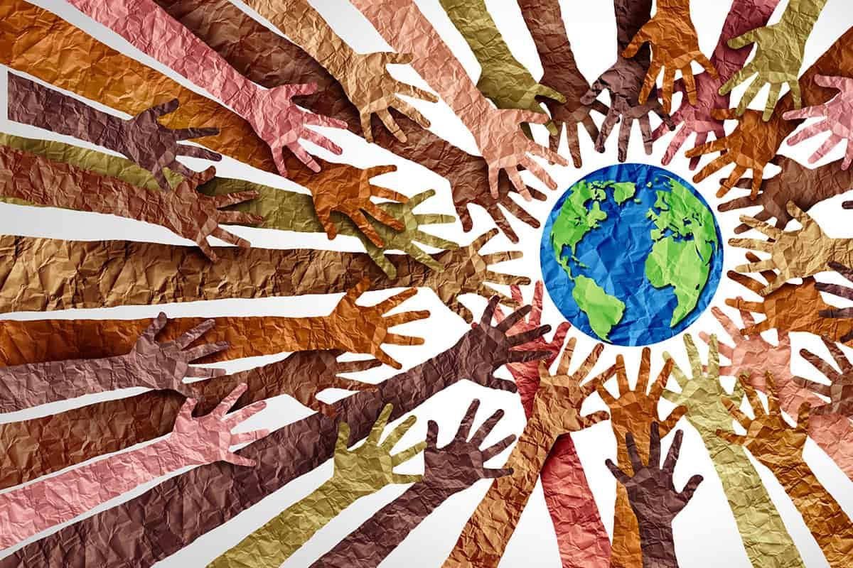 Illustration of peoples hands reaching out to help the earth